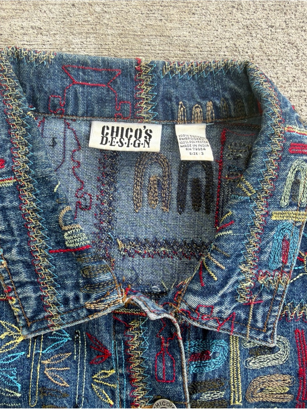 Chico's Multicolor Embroidered Tribal Blue Denim Jacket Size 3/ XL? - Picture 5 of 16